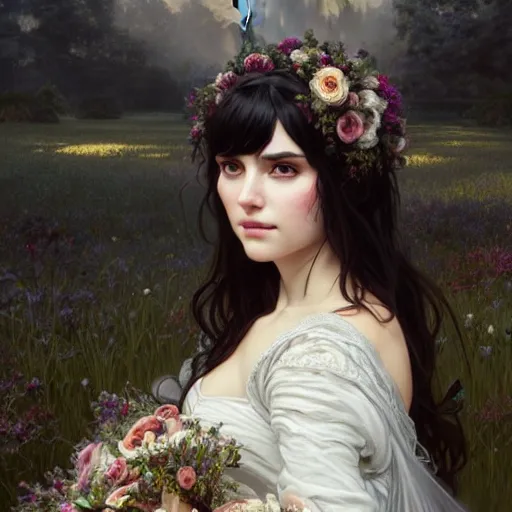 Image similar to a beautiful girl with dark hair and bangs, wearing a wedding dress, royal gardens background, fantasy, intricate, elegant, highly detailed, digital painting, artstation, concept art, matte, sharp focus, illustration, art by Artgerm and Greg Rutkowski and Alphonse Mucha