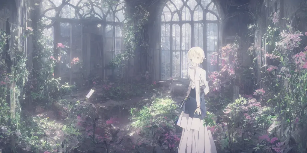 Prompt: anime kyoto animation key by greg rutkowski night, single white hair girl from behind, in abandoned chapel with overgrown flowers and plants