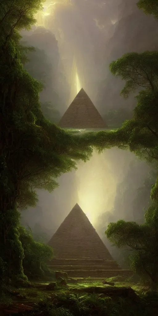 Image similar to ancient pyramid, overgrown undergrowth vegitation, dark volumentric ambient lighting, painting by thomas cole and greg rutkowski