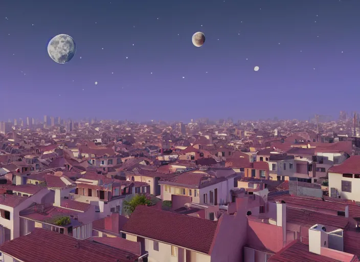 Image similar to thousands of moons. thousands of houses in the city. focus on the sky, hyperrealism, no blur, 4 k resolution, ultra detailed