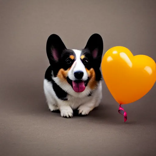 Image similar to a corgi with a heart shaped balloon, very detailed, photo by annie leibovitz, Sigma 85mm, f/1.4