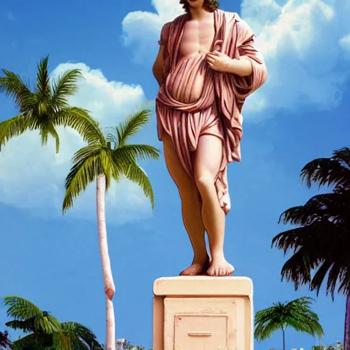 Prompt: a marble statue of a young greek man with curly hair and wearing a toga, in a 1 9 8 0 s tropical neon vintage computer graphics environment, with palm trees and columns, pixelated, vaporwave, pink, blue, tropics, microsoft windows