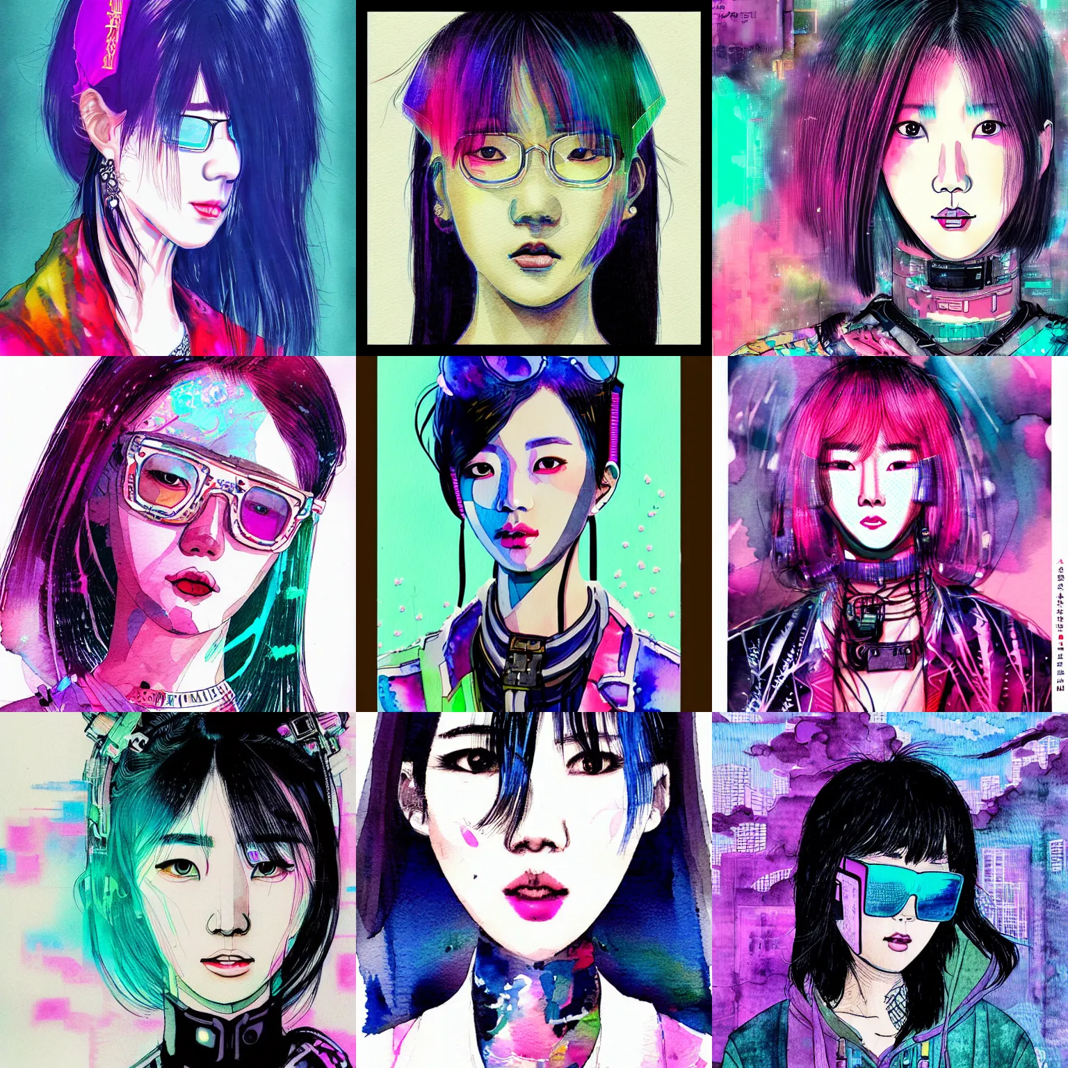 Prompt: korean women's fashion hacker, intricate watercolor cyberpunk vaporwave portrait by tim doyle