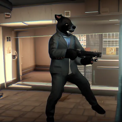 Image similar to Screenshot from the PC game Payday: The Heist demonstrating the fursuit unlock