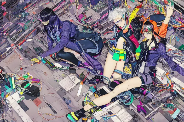 Image similar to a cyberpunk illustration of a group of four super-coherent colorful female androids dressed in seifuku in style of masamune shirow, lying scattered across an empty, white floor with their bodies rotated in different poses and cables and wires coming out, by yukito kishiro and katsuhiro otomo, hyper-detailed, intricate, bird view