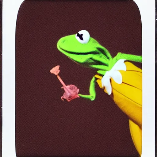 Image similar to Kermit the frog holding a banana, polaroid photo, instax, white frame, by Warhol,