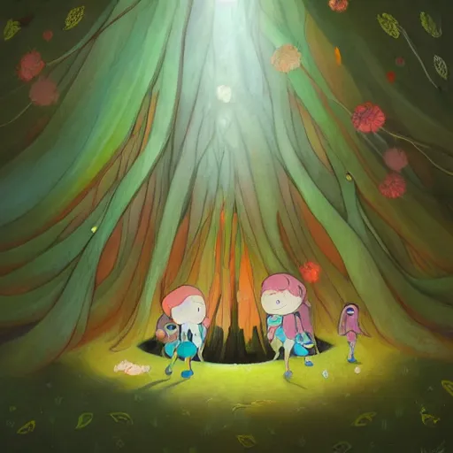 Image similar to a family of faeries living inside a hollow in a tree, masterpiece soft focus painting by kerascoet by marie pommepuy and sebastien cosset, dynamic lighting