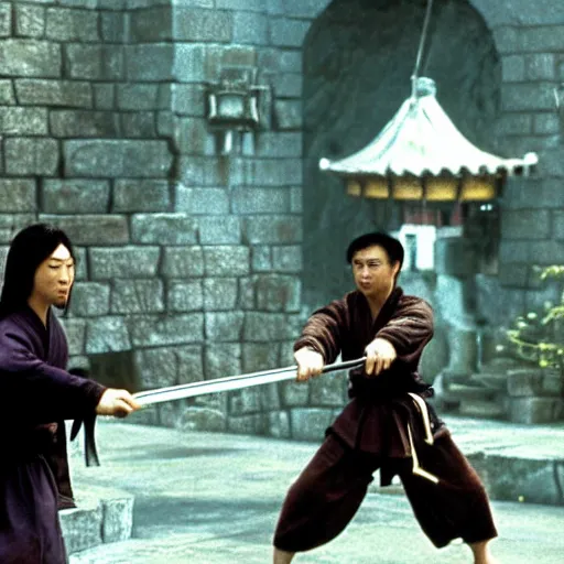 Image similar to xianxia fantasy, xuanhuan martial artist fighting european knight, chinese swordsman fighting medieval european swordsman, fantasy, wuxia, pseudo - medieval fantasy, cinematic, 1 9 8 6 movie screenshot, french swordsman fighting chinese swordsman