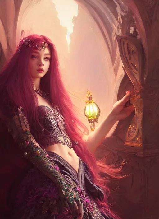 Prompt: jossi of blackpink, deep focus, d & d, fantasy, intricate, elegant, highly detailed, digital painting, artstation, concept art, matte, sharp focus, illustration, hearthstone, art by artgerm and greg rutkowski and alphonse mucha