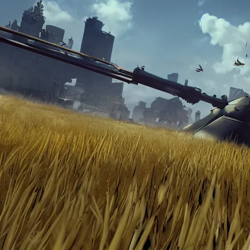 Image similar to a high resolution very detailed image of a 2 in russian tank boss fight from nier : automata in yellow rye field under pure blue skies