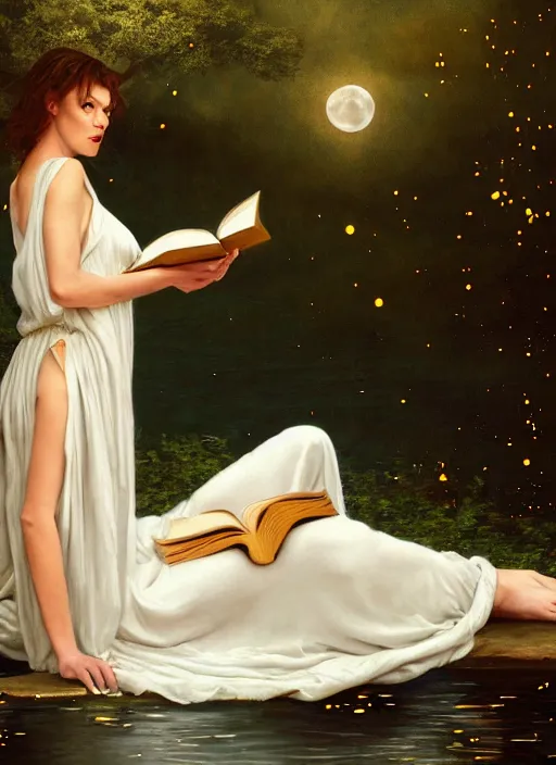 Prompt: milla jovovich in white nightgown reading a book by a river, full moon in a dark starry sky, golden orbs and fireflies, illustration, dramatic lighting, soft details, painting oil on canvas, art nouveau, octane render, 8 k, by edmund blair leighton, brom, charlie bowater, trending on artstation
