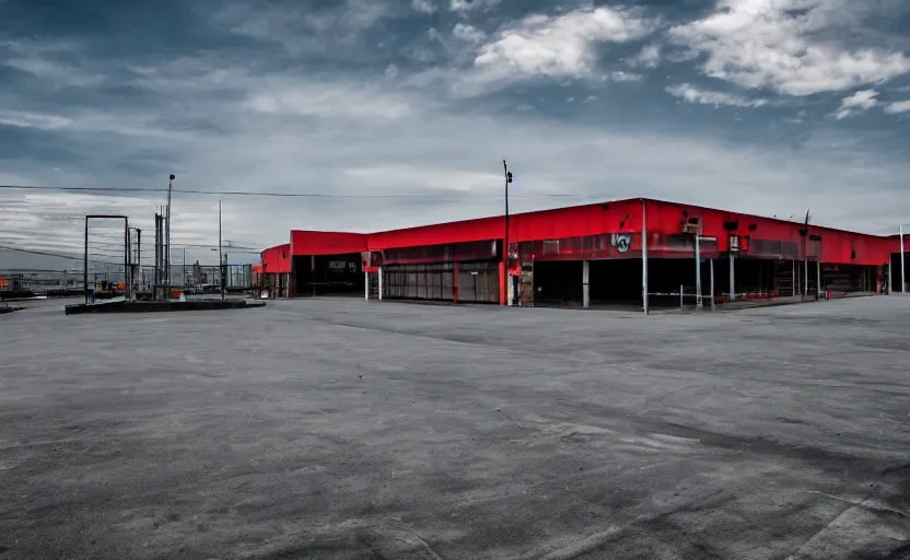 Prompt: industrial grey metal warehouse complex, large empty parking lot in front of it, in the center of the warehouse is a fast food restaurant with neon signs, sea in the background