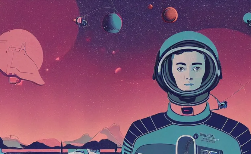 Prompt: a portrait of Alain Delon pilot in spacesuit headphones in pacing on field forrest spaceship station landing laying lake artillery outer worlds shadows in FANTASTIC PLANET La planète sauvage animation by René Laloux