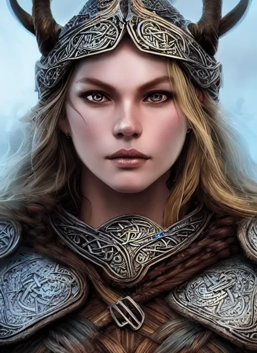 Prompt: up close portrait of a beautiful viking woman warrior, d & d, face, fantasy, intricate, elegant, highly detailed, digital painting, artstation hq, concept art, smooth, sharp focus, 4 k uhd, illustration, art by artgerm and jeehyung lee, dao trong le, trending on artstation, unreal engine 5 highly rendered