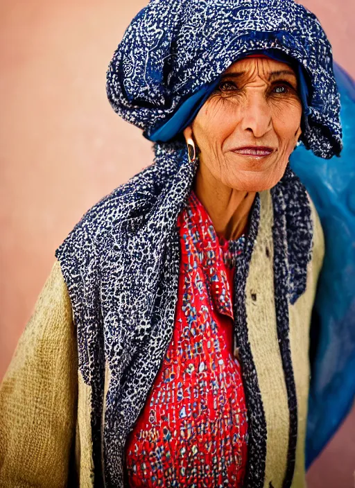 Image similar to Mid-shot portrait of a beautiful 60-year-old woman from Morocco, wearing traditional clothes, candid street portrait in the style of Martin Schoeller detailed, award winning, Sony a7R