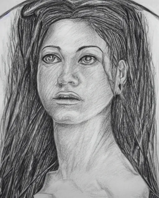 Image similar to A beautiful female warrior on a pirate ship at a deserted island, faded outline, realism pencil drawing on white paper, bald lines