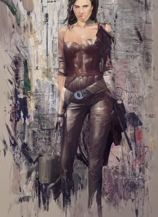 Image similar to detailed artwork by phil noto ; stylized painting of young jennifer connelly ; gal gadot ; eva green ; young jennifer connelly from the rocketeer ; brush texture ; asymmetric composition ; paint texture ; trending on artstation ; gallery painting by phil noto, comic style