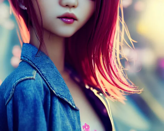 Image similar to close up portrait of an japanese gyaru with beautiful face and modern clothes, sakura blooming in the background, bokeh, depth of field, dramatic lighting, cinematic, vivid colors, matte painting, vivid color scheme, trending on artstation, unreal engine