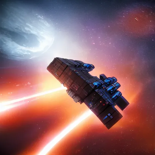 Image similar to spaceship transporting cargo containers, black background, eve online, the expanse, long shot, gritty, industrial