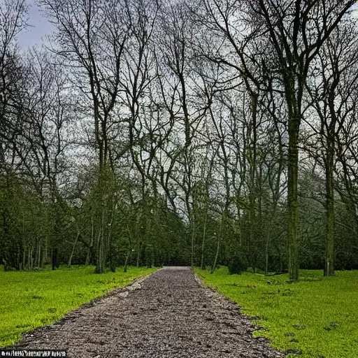 Image similar to at the dam there was a field, with a path running through it, and the sky was a pale blue with no clouds, and the trees stood silent in their verdure