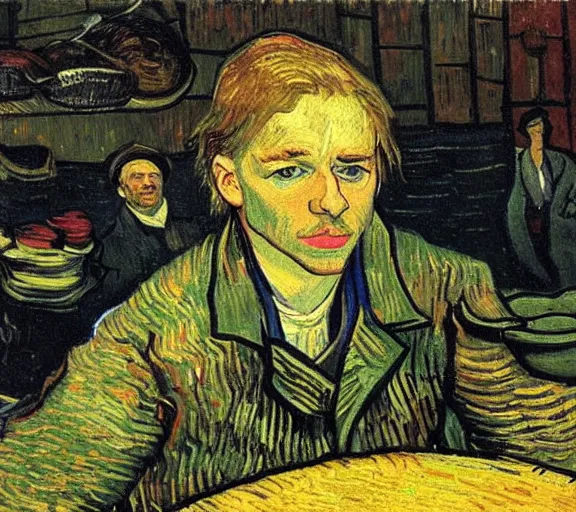 Image similar to portrait of tom odell as a market vendor by vincent van gogh