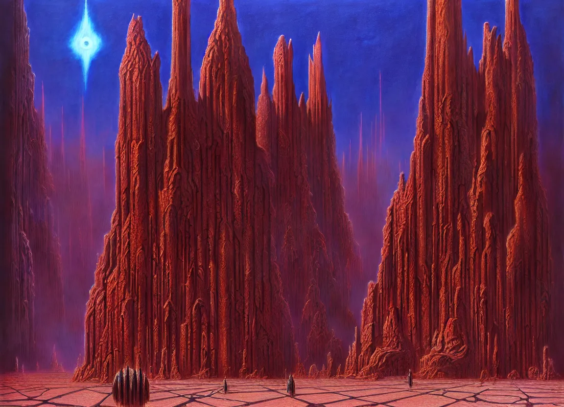 Image similar to immense crematorium gothic architecture advanced technology scifi architectural structure desert planet alien wardrobe, wayne barlowe, bruce pennington, donato giancola, larry elmore, oil on canvas, masterpiece, trending on artstation, featured on pixiv, cinematic composition, dramatic, beautiful lighting