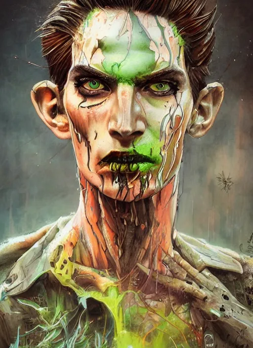 Prompt: a Demon Slayer portrait of Johnny Silverhand, tall, pale-skinned, slender with lime green eyes and long eyelashes by Stanley Artgerm, Tom Bagshaw, Arthur Adams, Carne Griffiths, trending on Deviant Art, street art, face enhance, chillwave, maximalist, full of color, glittering