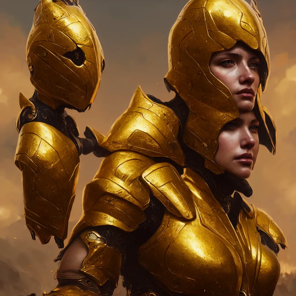 Image similar to hyper realistic and highly detailed woman golden armor, greg rutkowski, zabrocki, karlkka, jayison devadas, intricate, trending on artstation, 8 k, unreal engine 5, pincushion lens effect