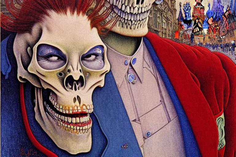 Image similar to realistic detailed closeup portrait painting of a single skeleton wearing red velvet blazer in a crowded futuristic moscow street by Jean Delville, Amano, Yves Tanguy, Alphonse Mucha, Ernst Haeckel, Edward Robert Hughes, Roger Dean, rich moody colours, blue eyes