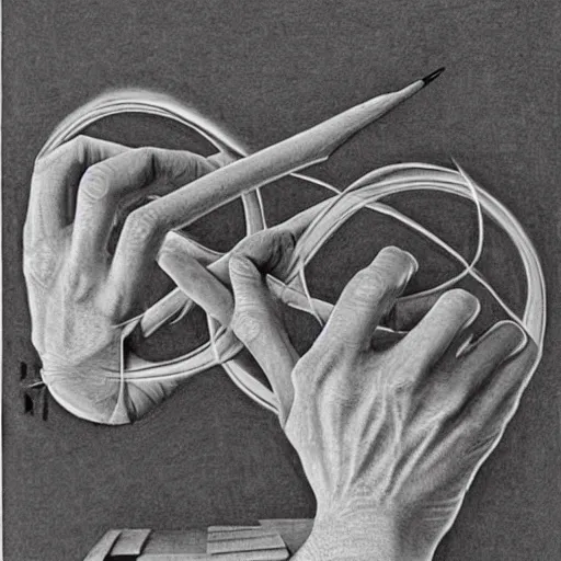 Image similar to M.C. Escher two hands drawing each other with a pencil, with the illusion of being real arms on the edge of the pages