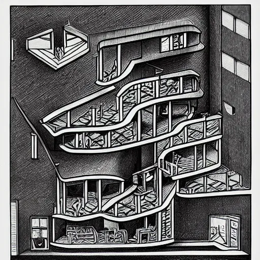 Image similar to a m. c. escher style drawing of fomo