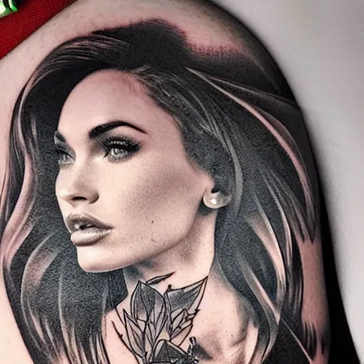 Prompt: double exposure tattoo sketch of megan fox with beautiful mountain scenery, hyper - realistic, in the style of den yakovelev, amazing detail, sharp