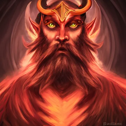 Prompt: dnd portrait of a tiefling, male, red scales, a big black beard, completely golden eyes,