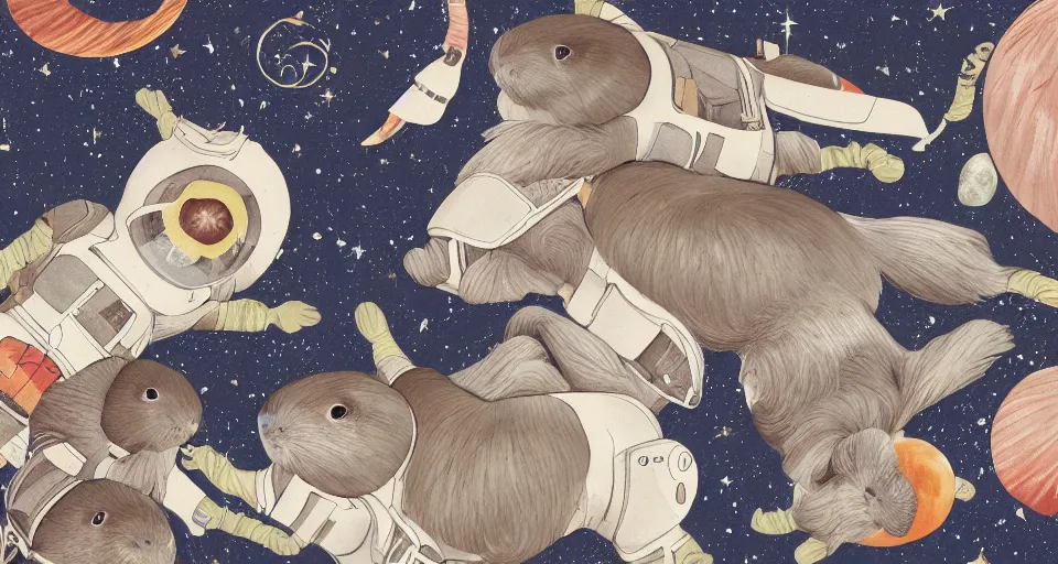 Image similar to back view of many baby guineapigs on the cover of vogue magazine flying in space suits, deep dark universe, twinkling and spiral nubela, warmhole, beautiful stars, 4 k, 8 k, by hokusai, samurai man vagabond, detailed, editorial illustration, matte print, concept art, ink style, sketch, digital 2 d