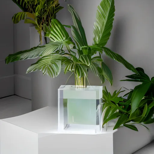 Prompt: an ultra high definition professional studio quality photograph of a transparent iridescent perspex pastel coloured jungle plant on a plinth in an empty white room. dramatic lighting, ray tracing, refraction, shallow d. o. f, colour corrected, golden ratio, three point light. volumetric shadows. god rays.