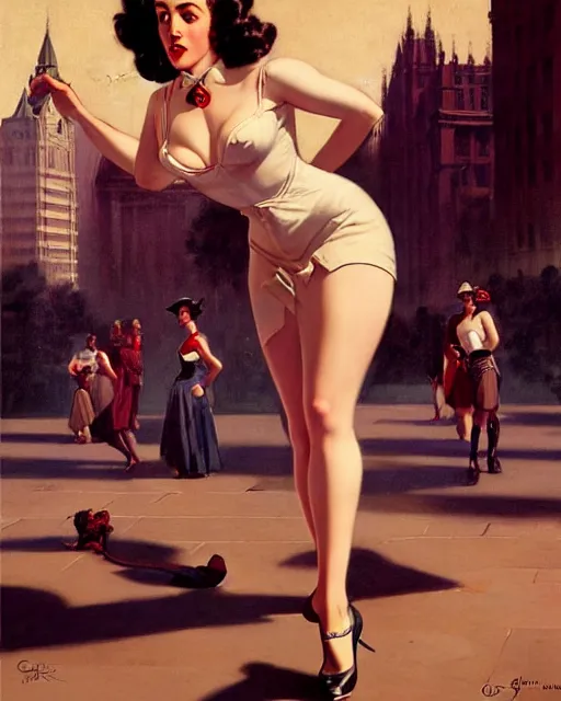 Image similar to pinup photo of hermione jean granger in the crowded square of the city, by greg rutkowski, gil elvgren, enoch bolles, glossy skin, pearlescent, very coherent, flat