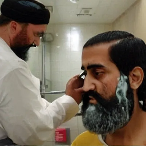Prompt: osama bin laden shaving off his beard in a macdonalds washroom