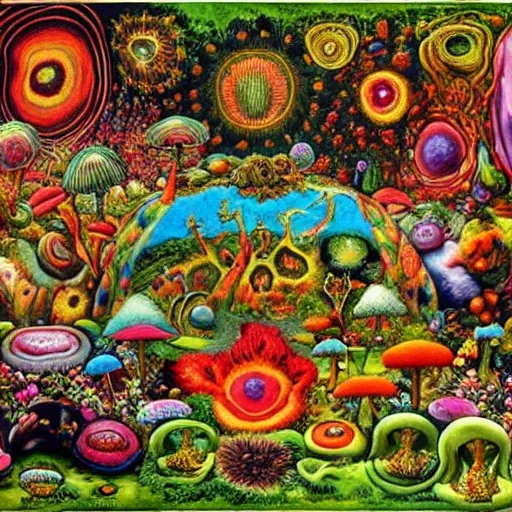 Prompt: psychedelic trippy couch in the lush forest, planets, flowers, mushrooms milky way, sofa, cartoon by giuseppe arcimboldo