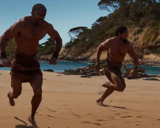 Image similar to single spartan running on australian beach, epic award winning action cinematic still from the movie 3 0 0, 8 k, global illumination, detailed face, muscles, rim highlights, hyper realistic