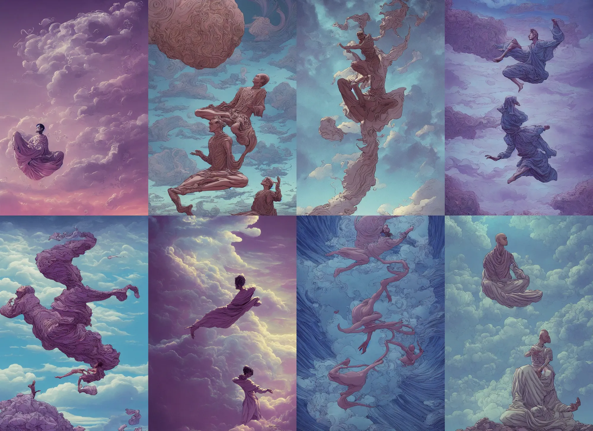 Prompt: a prince meditating and floating in the air, swirly clouds in the background, art by James Jean and Wayne Barlowe and moebius, high details , highly contrasted colors, cinematic, cgsociety 8k