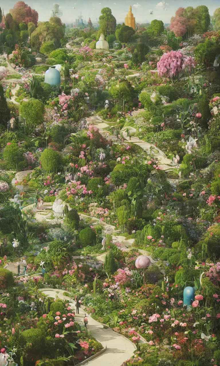 Image similar to bosch and beeple painting of a magnificent garden