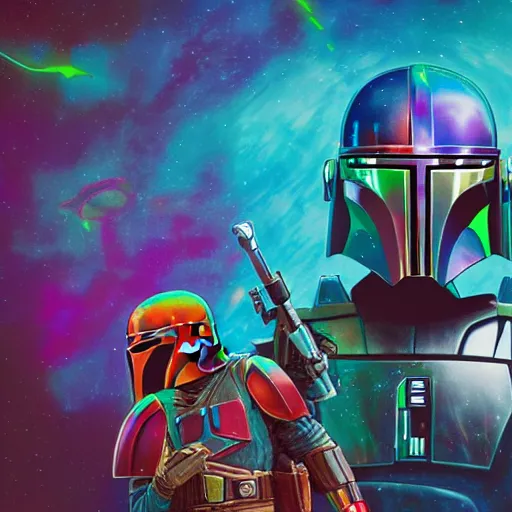 Prompt: Mandalorian Bounty Hunter, Vibrant Colors, Surreal, Trapper Keeper, Lisa Frank, Cosmic Horror, Star Wars, 4k, Horror