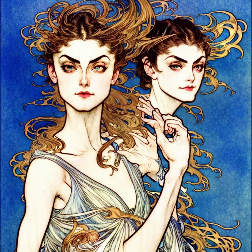 Image similar to in the style of artgerm, arthur rackham, alphonse mucha, phoebe tonkin, symmetrical eyes, symmetrical face, flowing blue skirt, hair blowing, intricate filagree, hidden hands, warm colors, cool offset colors