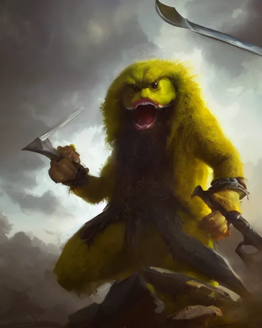 Image similar to oil painting of an anthropomorphized angry banana, sharp focus, holding axes, heroic pose, fantasy style, octane render, volumetric lighting, 8k high definition, by greg rutkowski, highly detailed, trending on art Station, magic the gathering artwork, Battlefield backround, centered