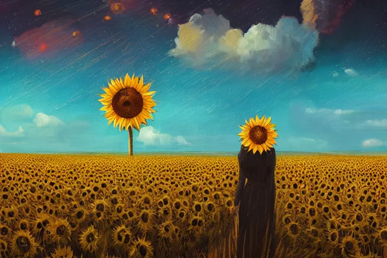 Image similar to giant sunflower as a head, girl walking in wheat field, hills, surreal photography, dark night, star trails, dramatic light, impressionist painting, clouds, digital painting, artstation, simon stalenhag