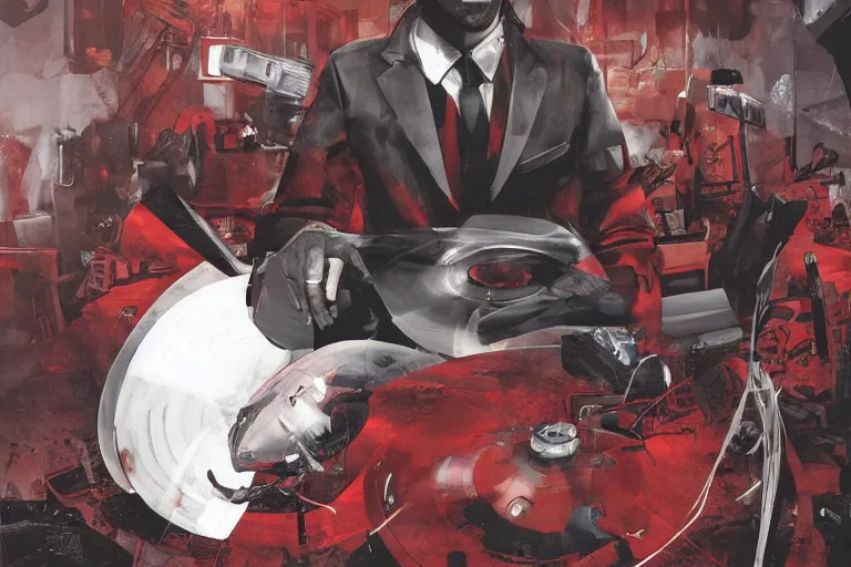 Image similar to a portrait of agent 4 7 from hitman wearing headphones and putting a vinyl record onto a turntable, dark background, red rim light, digital art, artstation, art by yoji shinkawa