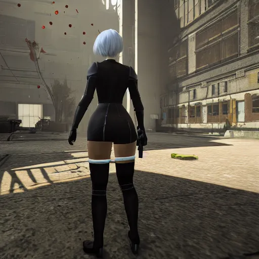 Image similar to 2B nier automata in Half life 2, 4k screenshot of Half life 2 gameplay, 8k hdr showcase