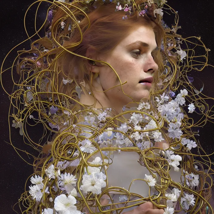 Image similar to hyperrealist portrait of a 2 0 4 4 space sport engineer, it is decorated with long gold wires and white flowers that fall like vines and wears a huge computer crown. by jeremy mann and alphonse mucha, fantasy art, photo realistic, dynamic lighting, artstation, poster, volumetric lighting, dramatic light, very detailed faces, 8 k, award winning