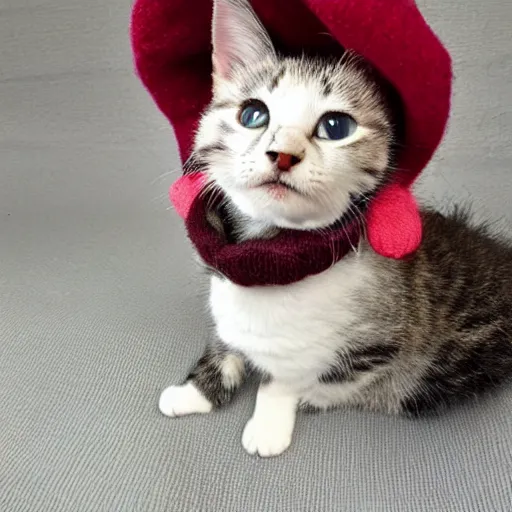 Image similar to kitten photo, wearing wool hat, tongue mlem!, cat ears