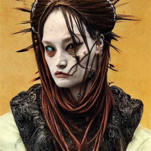 Image similar to portrait of a Shibari rope wrapped face and neck, headshot, insanely nice professional hair style, dramatic hair color, digital painting, of a old 15th century, old cyborg merchant, amber jewels, baroque, ornate clothing, scifi, realistic, hyperdetailed, chiaroscuro, concept art, art by Franz Hals and Jon Foster and Ayami Kojima and Amano and Karol Bak,